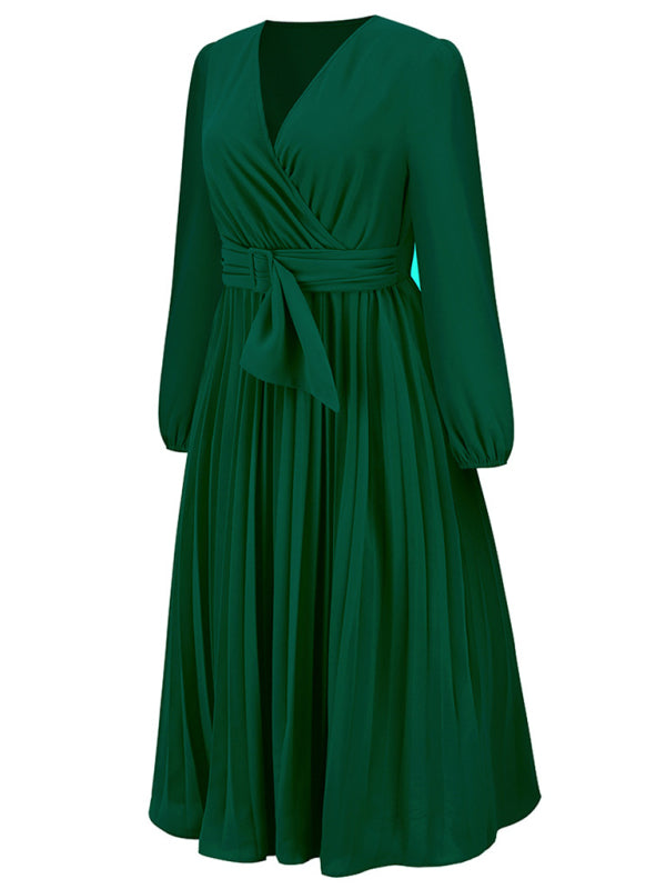 Long Sleeve Slim Pleated Belt V-Neck Dress A-Line Skirt