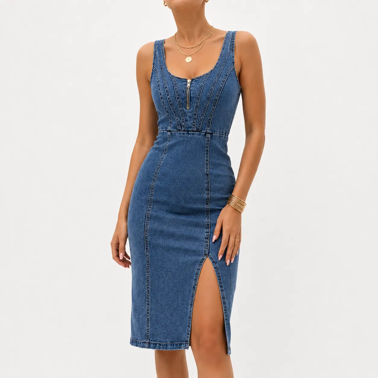 Sleek Sleeveless Denim Bodycon Midi Dress