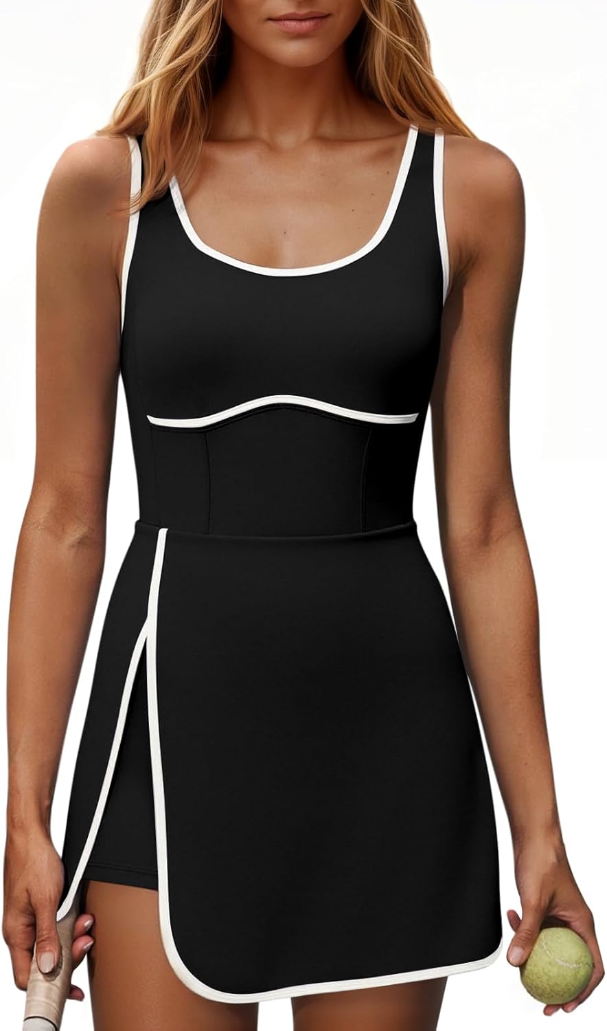 Womens Workout Tennis Dress with Built-in Bra & Shorts Pockets Sleeveless Cutout Golf Athletic Mini Dresses