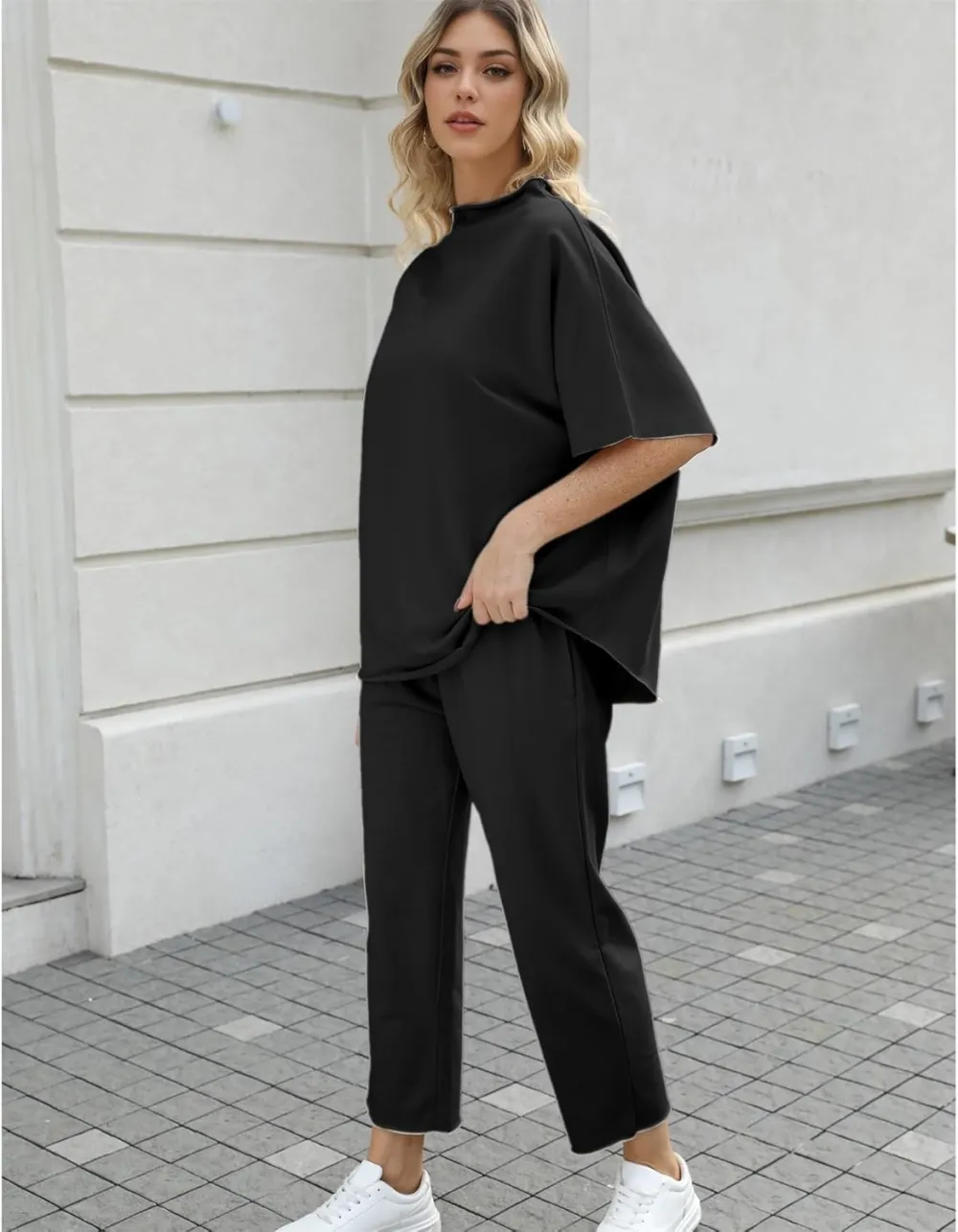 Women's 2 Piece Outfits Lounge Set 3/4 Batwing Sleeve Capelet Crew Neck Pullover Tops Wide Leg Pants