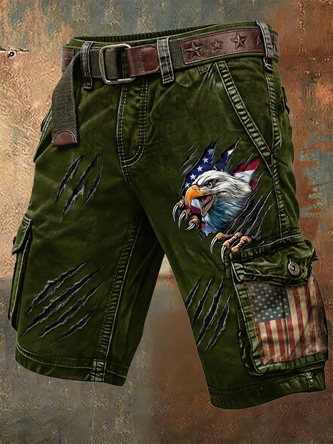Men'S Retro American Flag Independence Day Multi Pocket Printed Workwear Shorts (Without Belt)