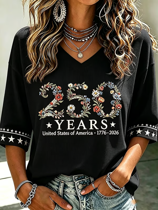 Ladies' American Flag Printed Casual Long Sleeve V-neck T-shirt