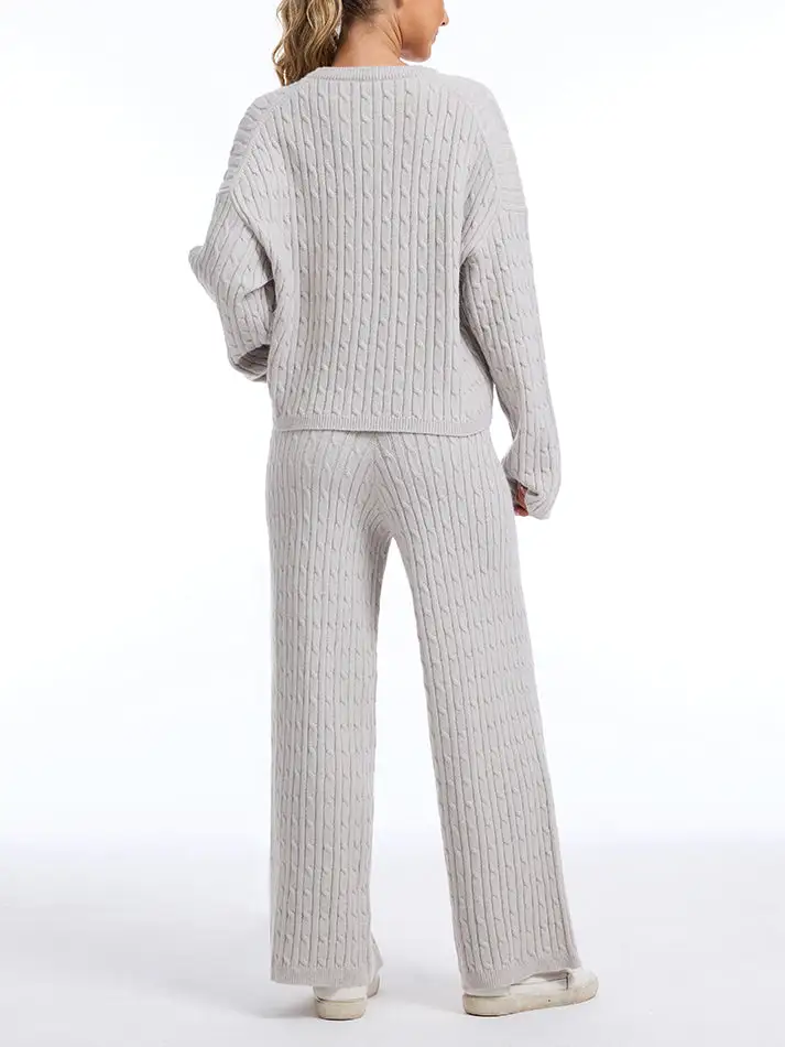 Women's Cable KnitBLACK FRIDAYSweater Lounge Set-Long Sleeve Pullover Top &High-Waisted Wide Leg Pants, Cozy 2-PieceOutfit for Fall & Winter
