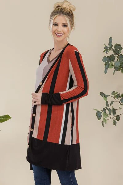 Full Size Striped Button Up Long Sleeve Cardigan