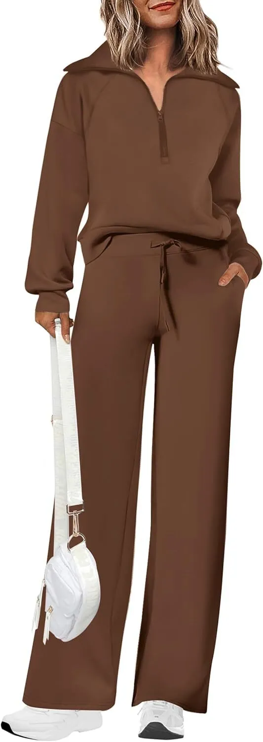 🔥Final Day Clearance!🛒Women's 2 Piece Outfits Casual Lapel Half Zip Sweatshirts And Wide Leg Pants Tracksuit Sets🔥8-PACK ONLY $28🔥