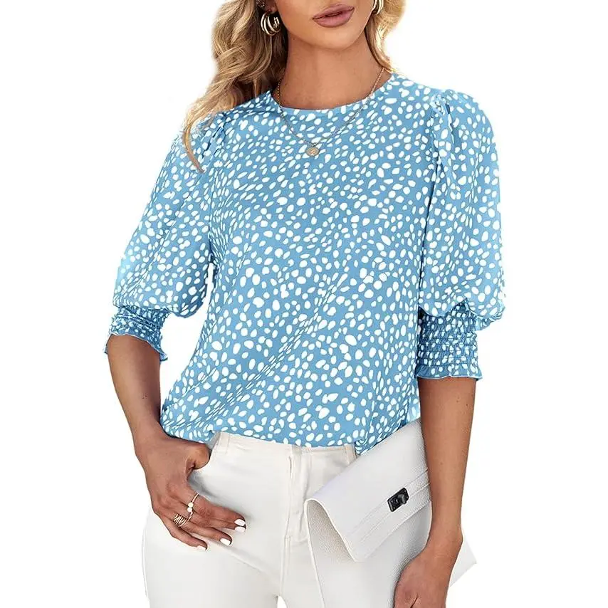 Women's Polka Dot 3/4 Sleeve Blouse Tops Ladies Casual Office Work Crew Neck T-Shirt