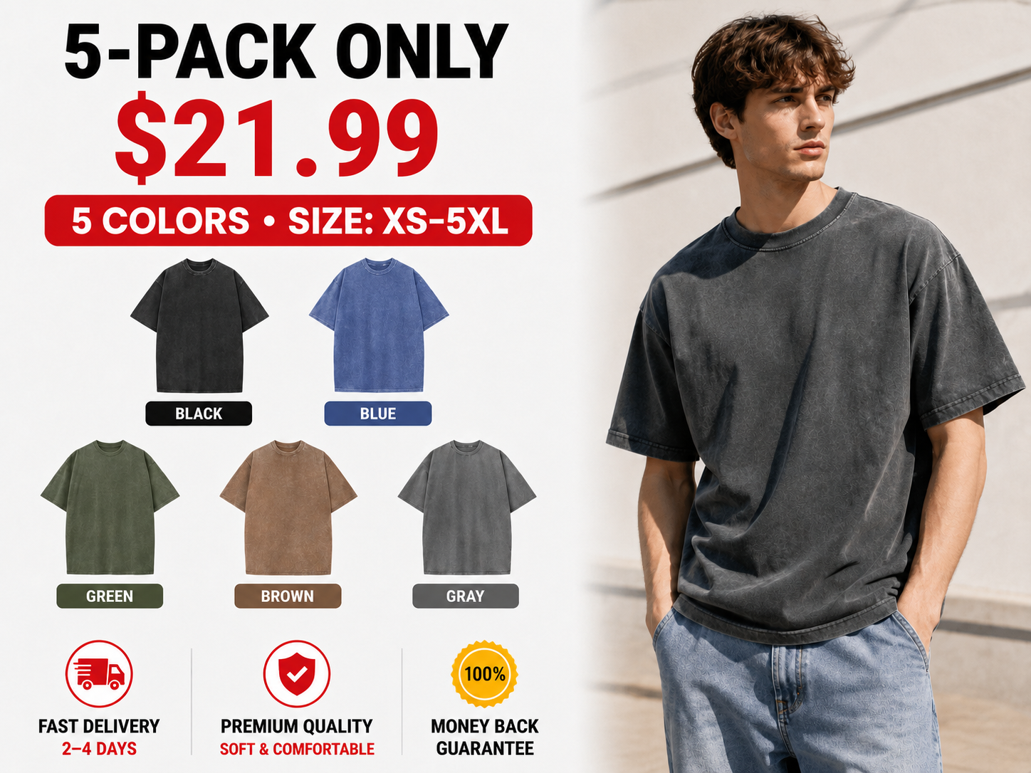 Retro Heavyweight Pure Cotton T-Shirt — Acid-Washed, Distressed, Loose-Fit Casual Top