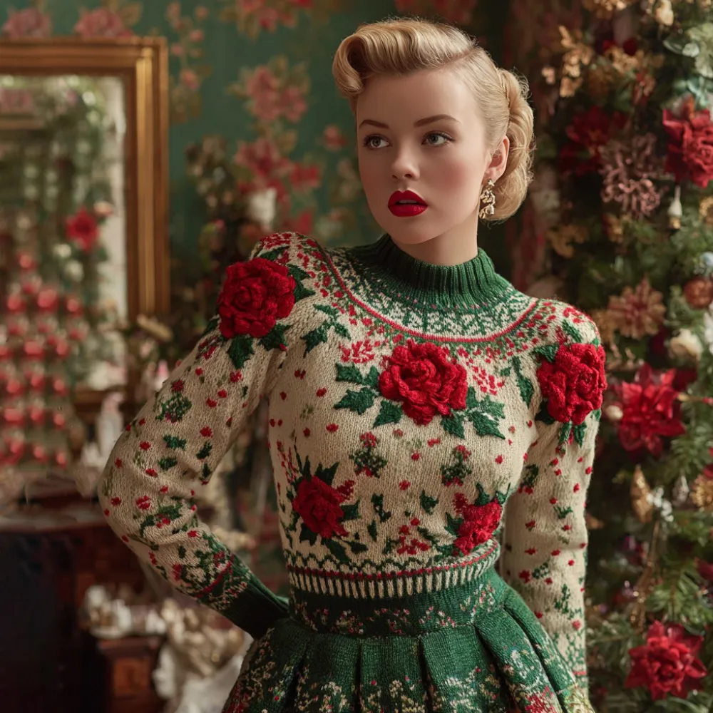 Women's Vintage Christmas Rose Fair Isle Holly Leaf Jacquard Sweater