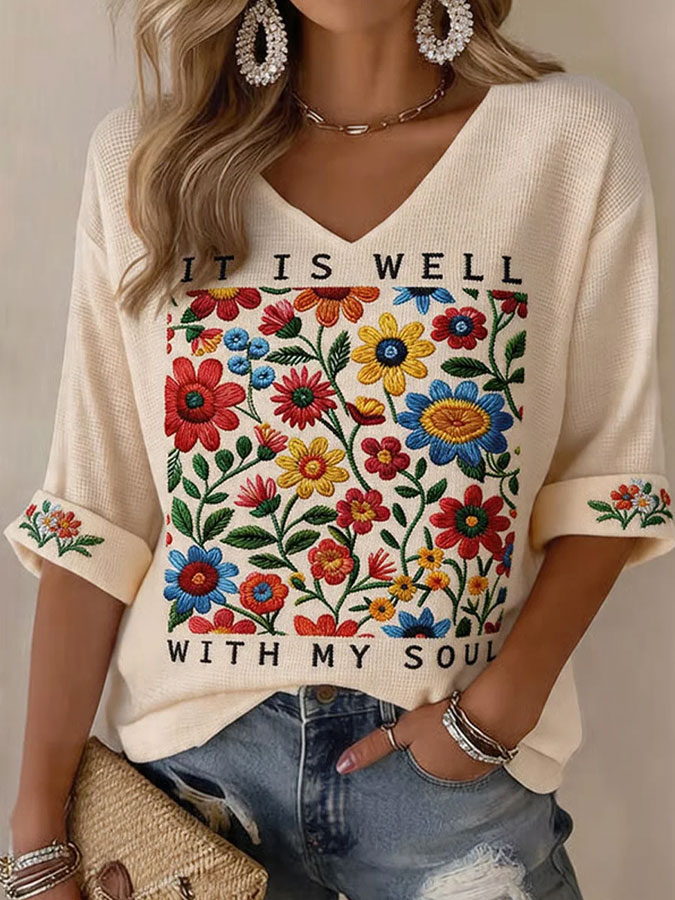 Women's Faith Floral Printed Casual Waffle Long Sleeve T-shirt