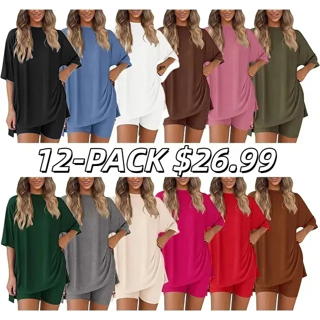 Women's Two Piece Lounge Set 2026 Summer Casual Oversized Shirts