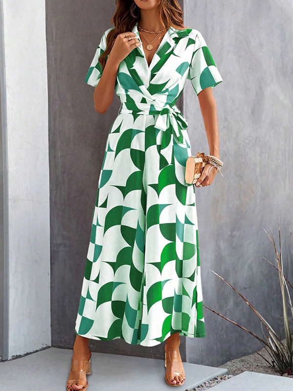 Buttoned Contrast Color Tied Waist High Waisted Loose V-Neck Jumpsuits