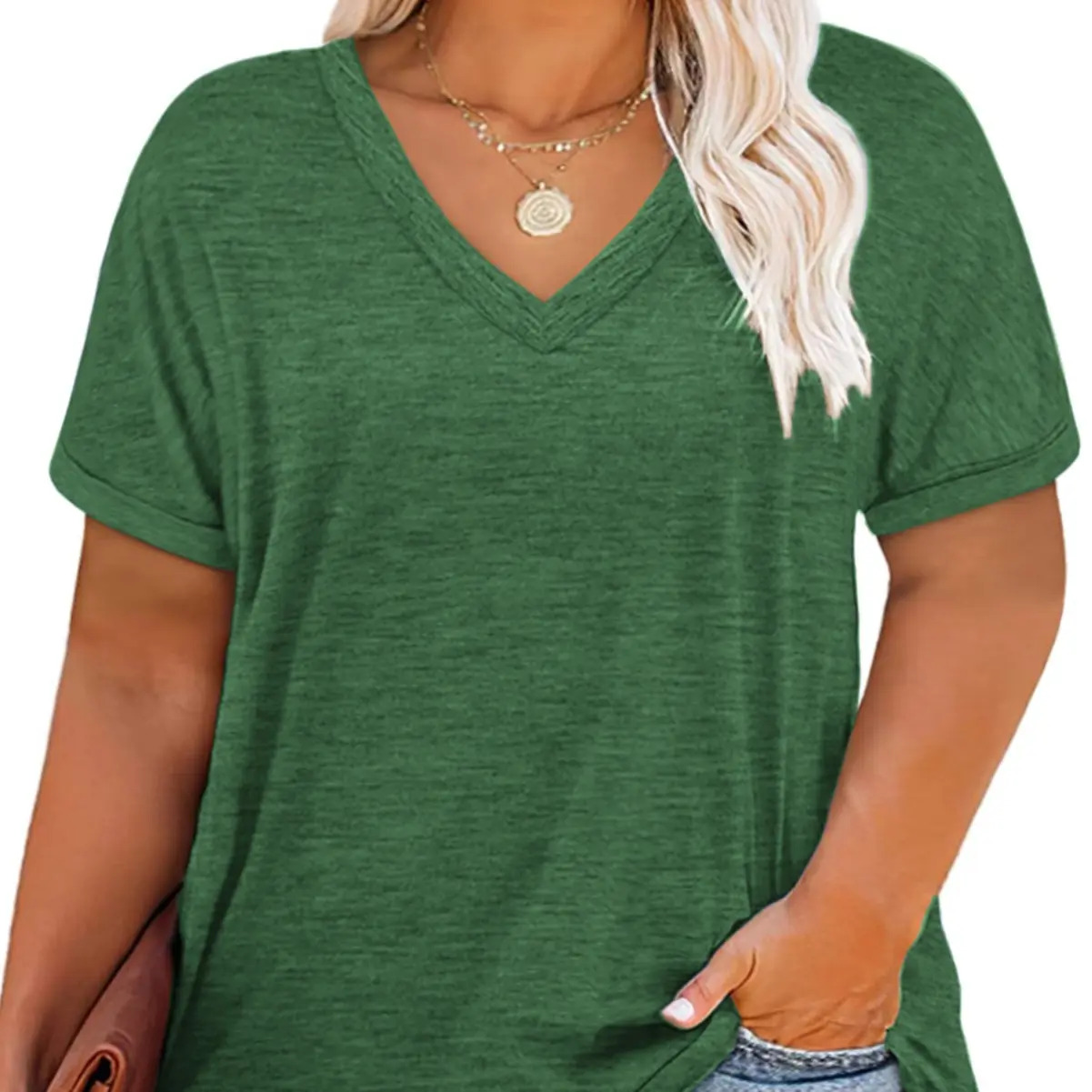 Women's Plus-Size V-Neck Short-Sleeve T-Shirt — Casual, Loose-Fit Summer Top — Soft, Breathable Basic Tee