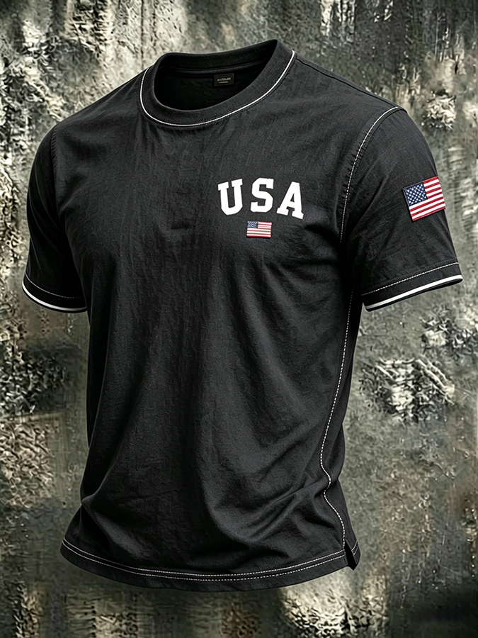 Men'S Casual USA Commemorative Embroidered Printed Round Neck T-Shirt