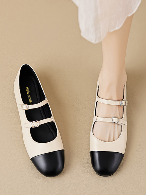 Belt Buckle Round-Toe Split-Joint Mary Janes Flat Shoes