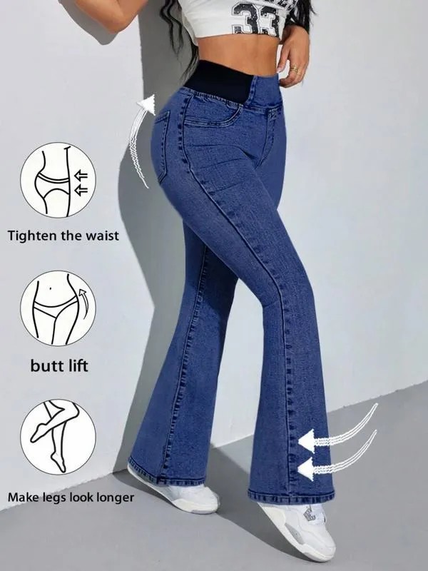 Women's Denim Print Flare Pants, Fashionable Long Jeans for Women