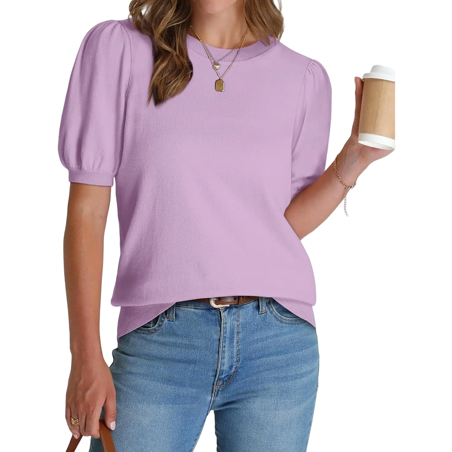 Women's Puff Short Sleeve Lightweight Knit Top Soft Breathable