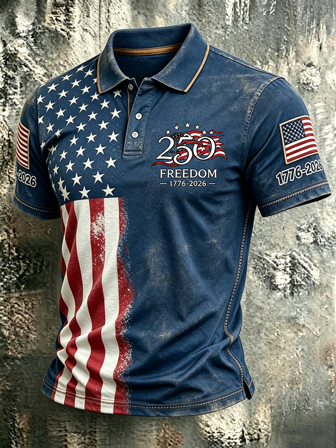Men'S Casual American 250Th Anniversary Commemorative Washed And Distressed Printed Collar T-Shirt