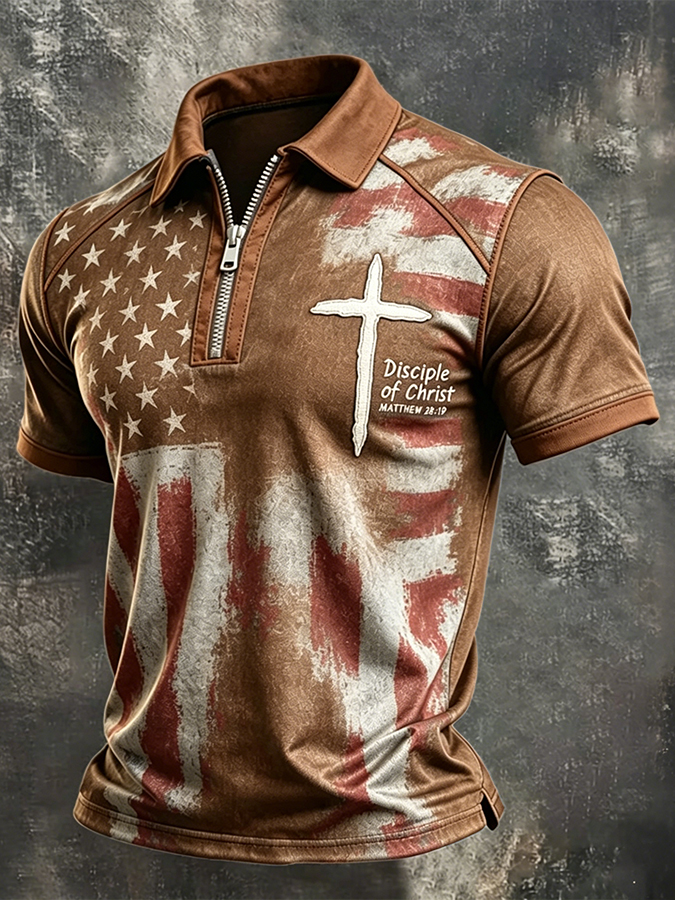 Disciple Of Christ Matthew 28:19 USA Flag Christian Zip Polo Shirt