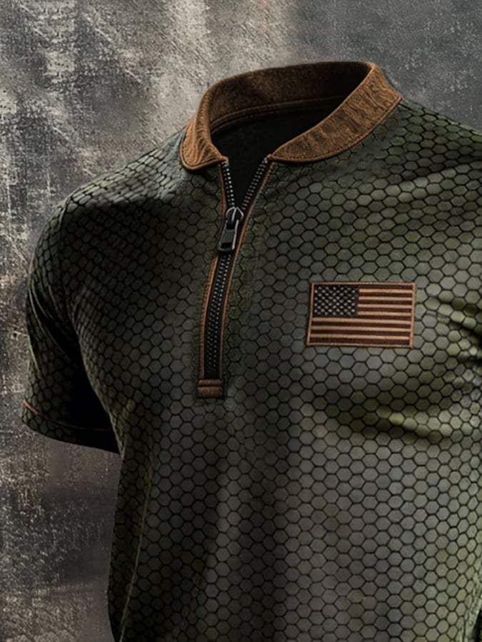 Men'S Retro Patriotic Color-Block Short-Sleeve T-Shirt With Half-Zip Collar