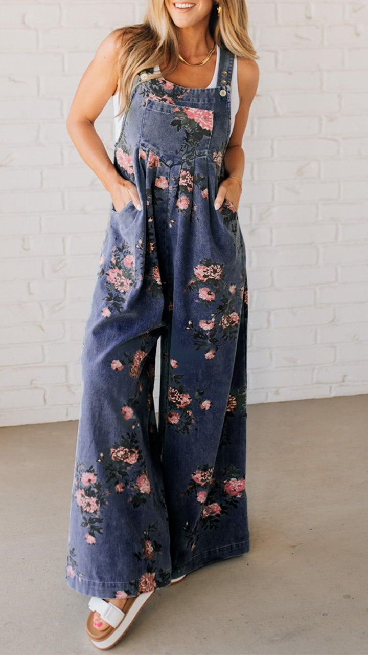 Women's Printed Pocket Casual Denim Overalls