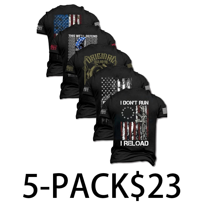 Men's 5-Pack Flag Print T-Shirts – Fitted Short Sleeve Casual Summer Tees