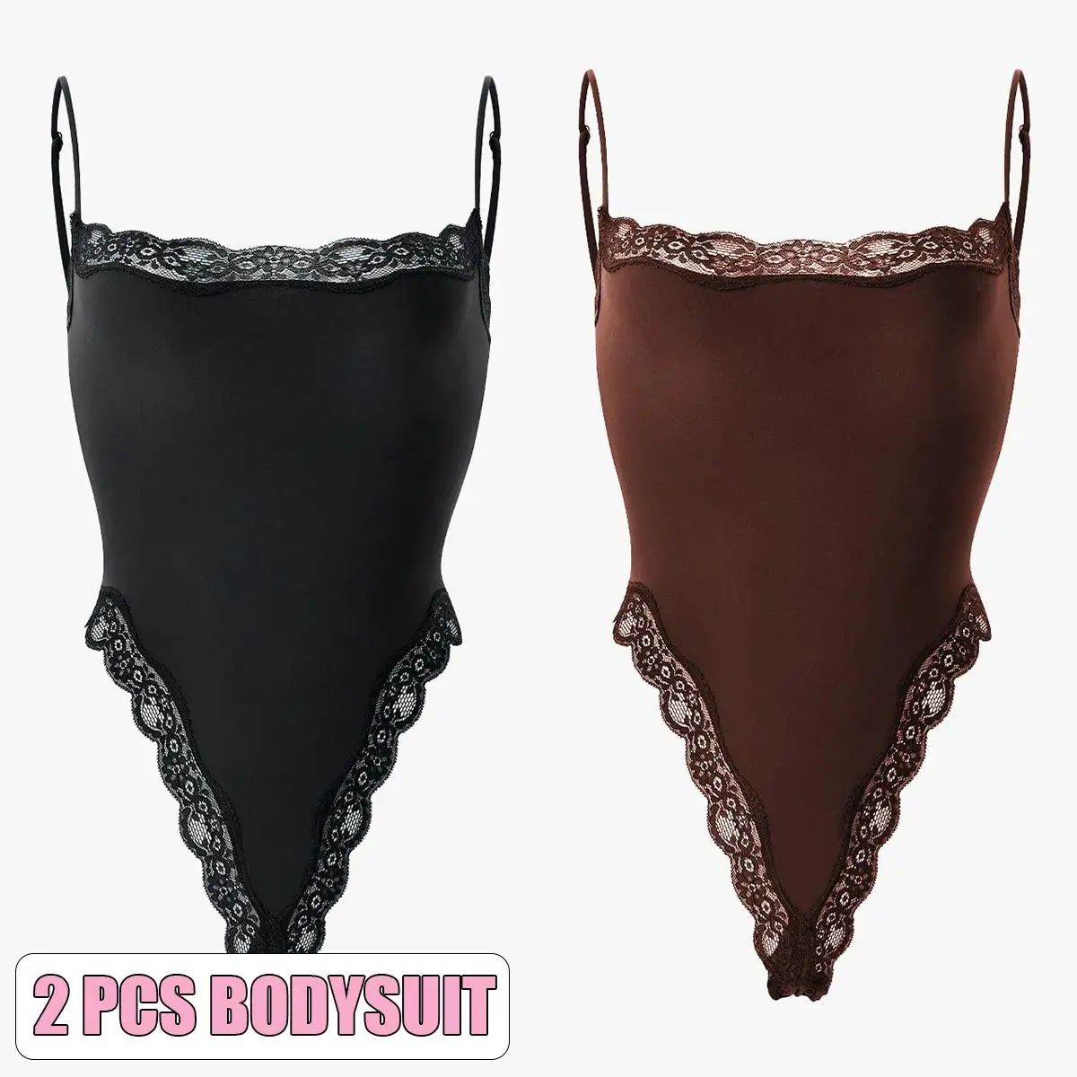 KatchMe Lace Series Women's Simple Style Spaghetti Strap Lace Trim Breathable Bodysuit