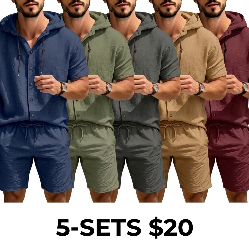 Men's Linen 2-Piece Summer Set – Hooded Henley Top & Matching Shorts, Casual Versatile Outfit
