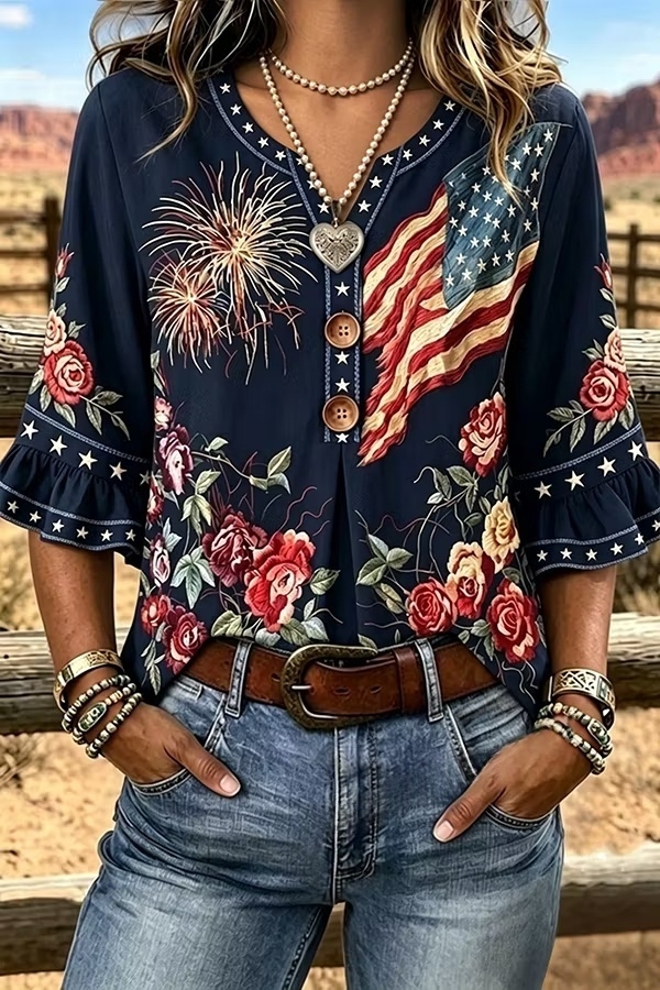American Flag Floral Print Notch Neck Ruffle Sleeve Blouse