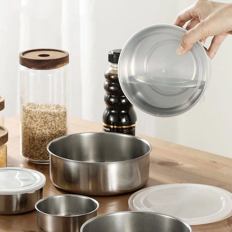 5PC Set Stainless Steel Low Profile Bowl with Airtight Lid