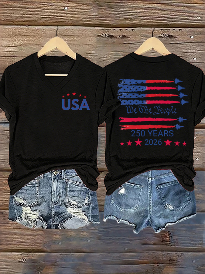 Women'S Casual Flag Printed V-Neck T-Shirt