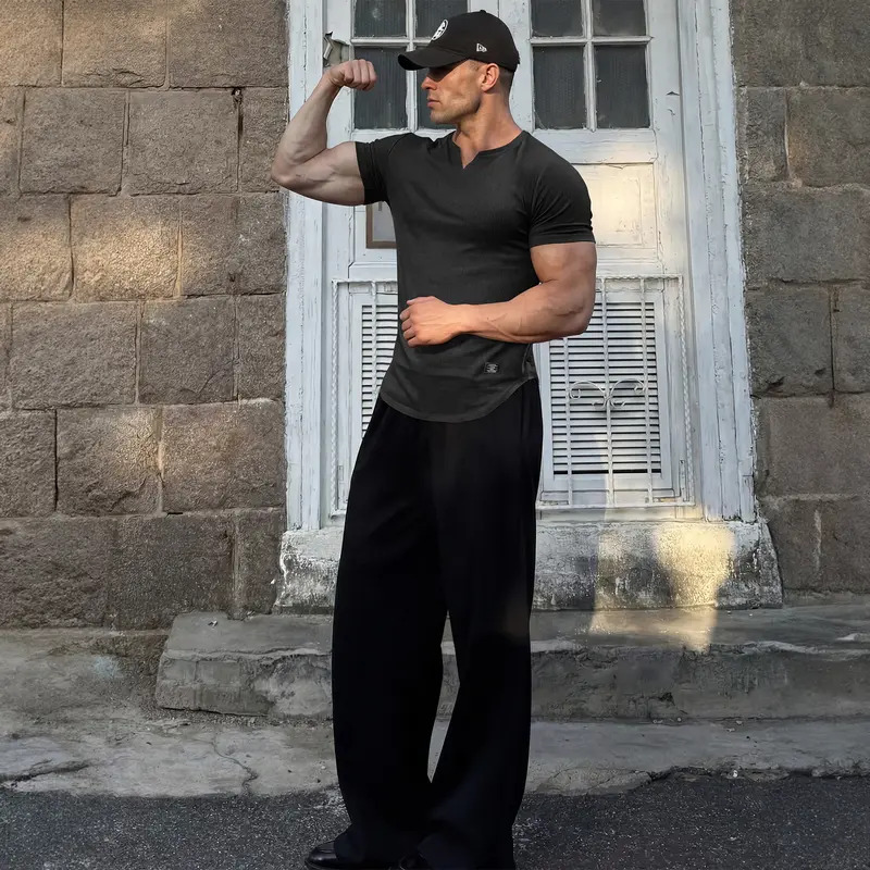 Men's Solid-Color Slim-Fit Long V-Neck T-Shirt