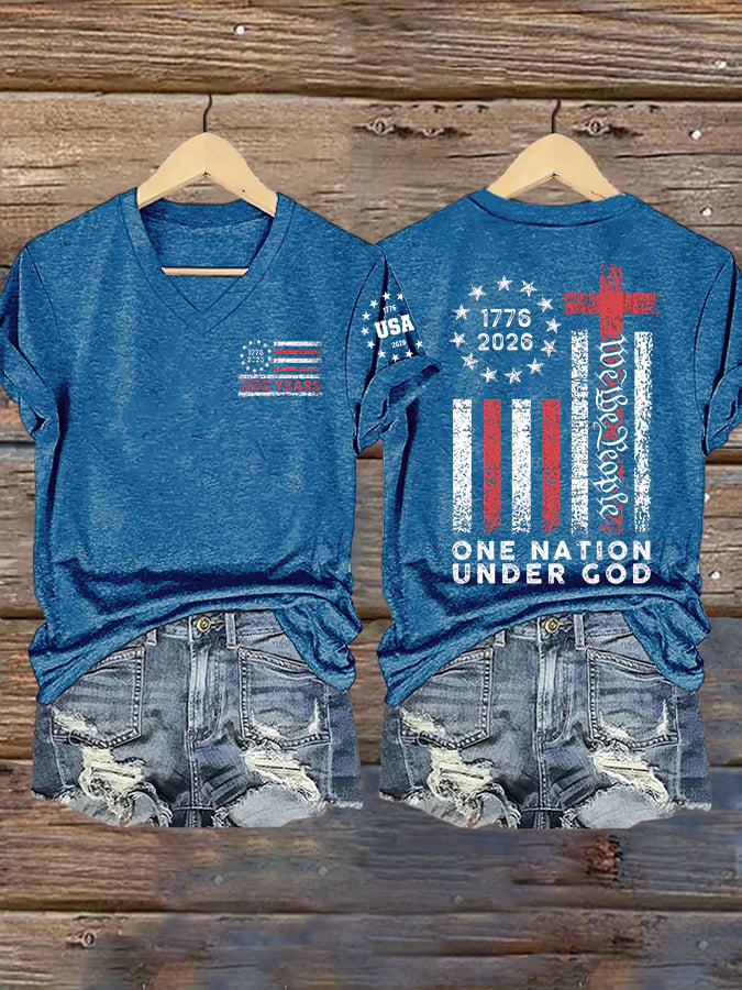 Women's Vintage USA 250th Anniversary One Nation Under God Print Casual T-shirt