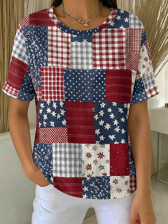 Women'S Casual Waffle American 250 Founding Celebration Round Neck Short Sleeved T-Shirt