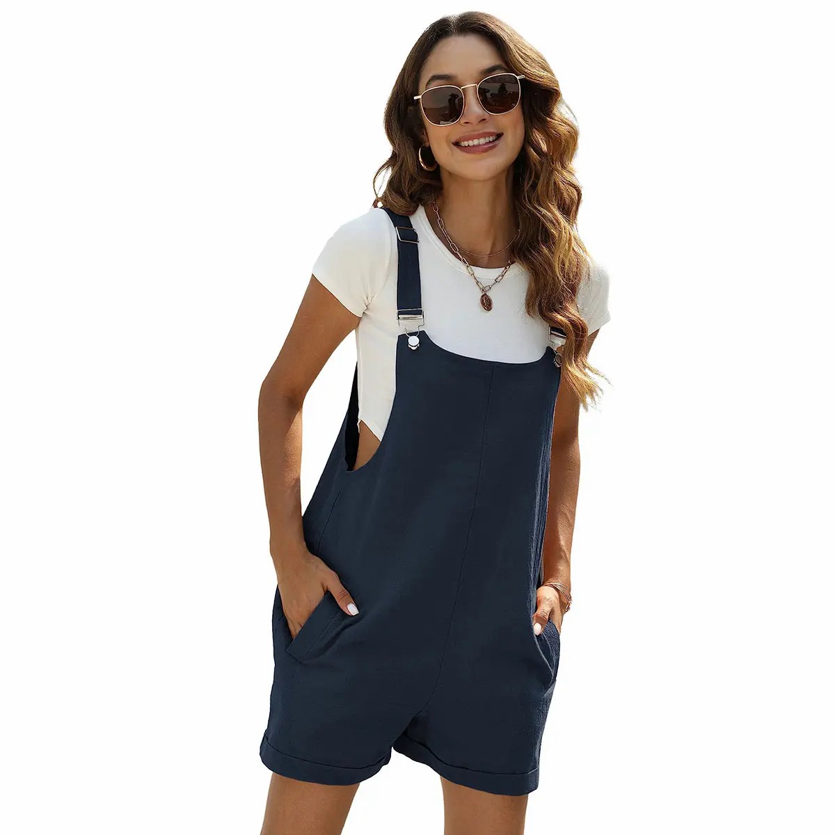 Women's Sleeveless Bib Shortalls – Cotton Linen Pinafore Overalls with Pockets & Adjustable Straps