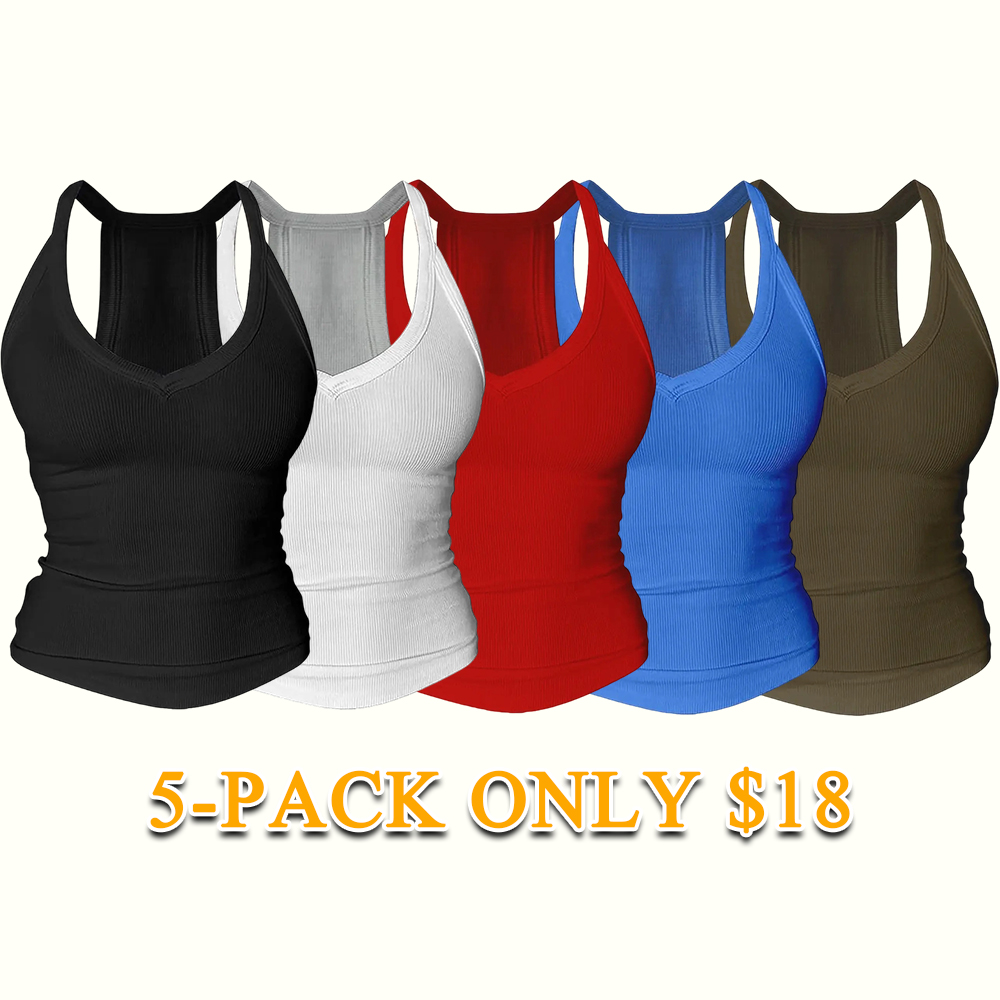 Women's V-Neck Racerback Cotton Tank Top Fitted Cami with Built-In Shelf Bra Basic Sleeveless Shirt