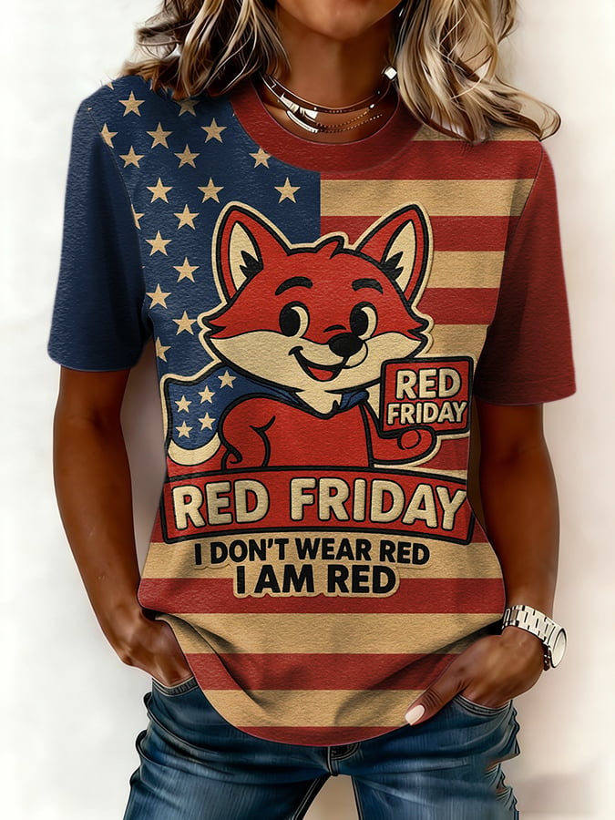 Women's Casual Red Friday Print Short-Sleeve T-Shirt