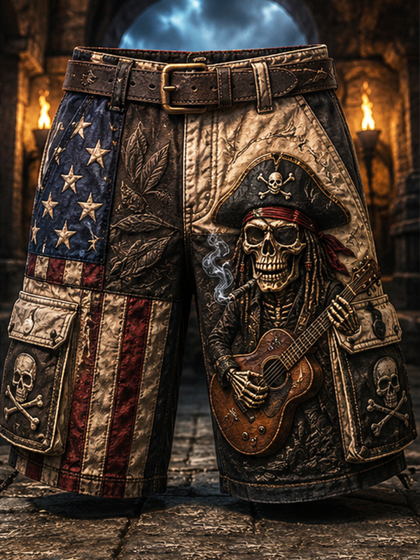 Men's Independence Day Skull Pirate Playing Guitar Print Denim-Like Cargo Shorts