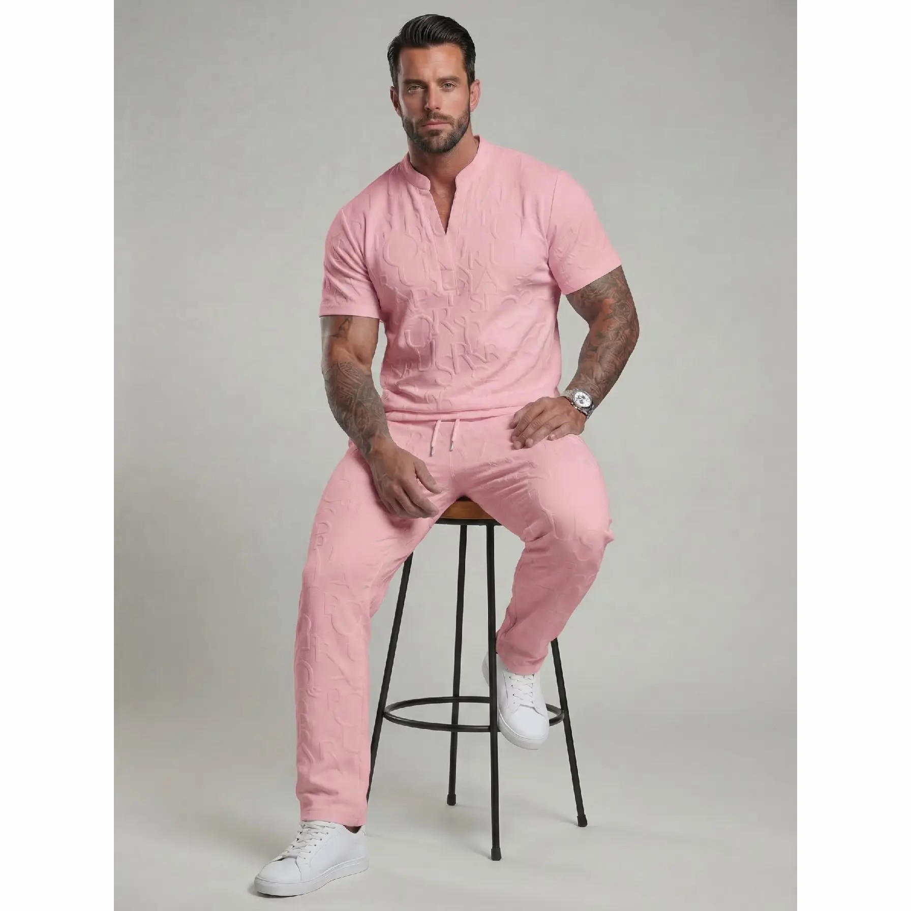 Men's Textured Letter Embossed Tee & Drawstring Waist Pants