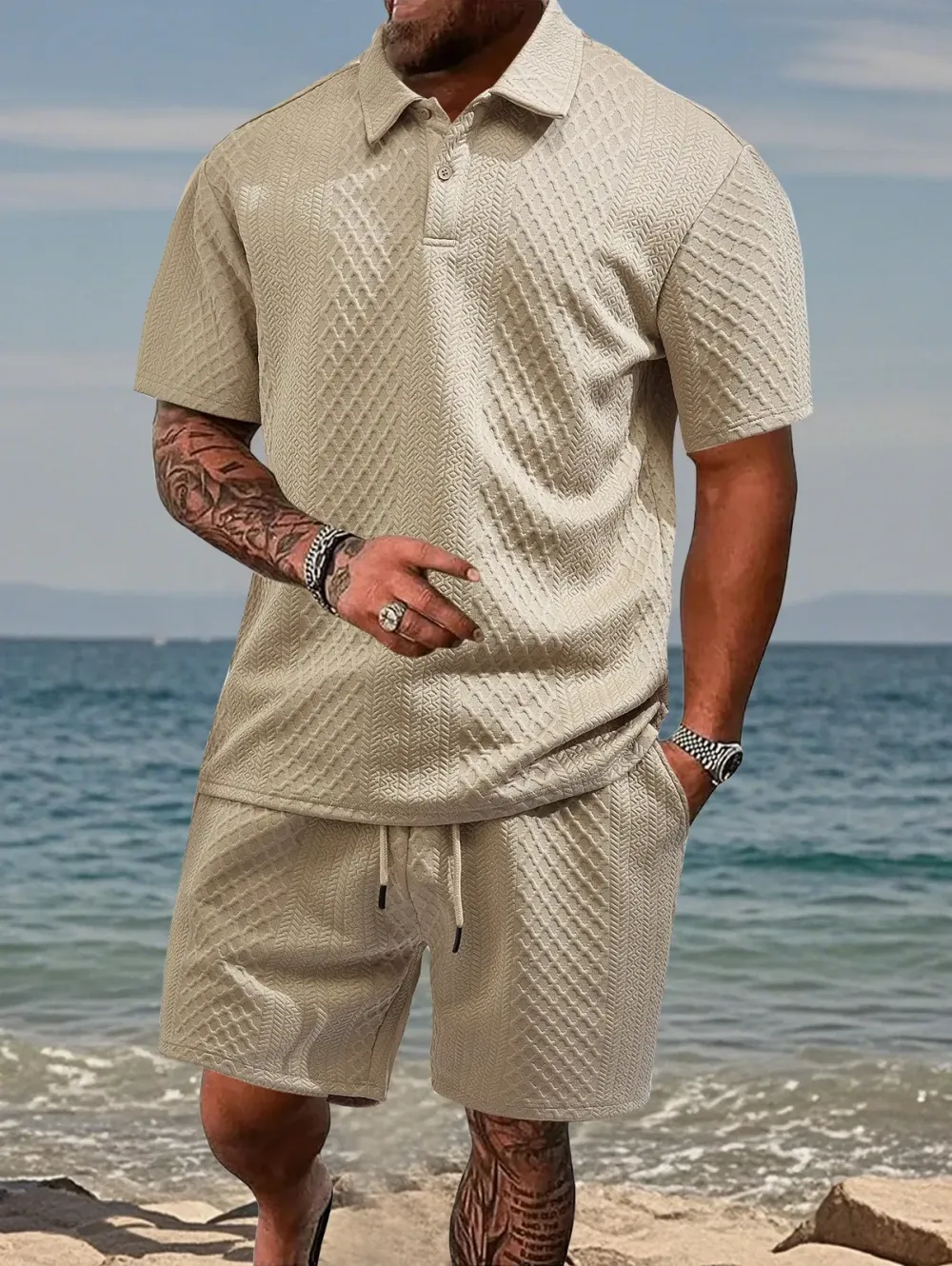 🔥Men's Solid Polo Shirt & Drawstring Waist Shorts Set, Cozy Breathable Two-piece Outfits for Daily Outdoor Wear, Men Clothes for Summer