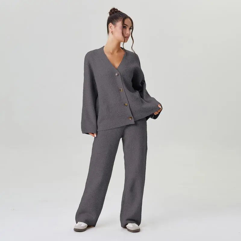 Women’s Cozy Two-Piece Set – V-Neck Cardigan & Stretch Trousers