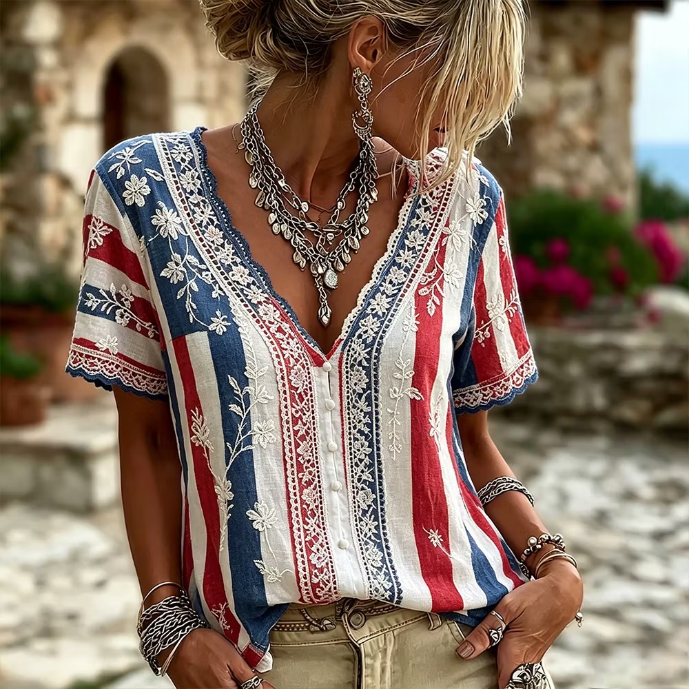 Vintage Football Team Floral Embroidered Patchwork Comfortable Casual V-neck Short Sleeve Top