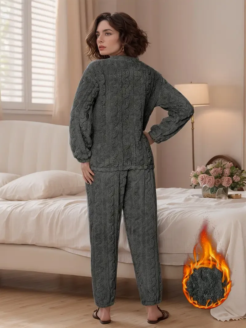 Women'S Cozy Plush Pajama Set - 100% Polyester Long Sleeve Crew Neck Loungewear with Solid Color Pullover Top and Long Pants for