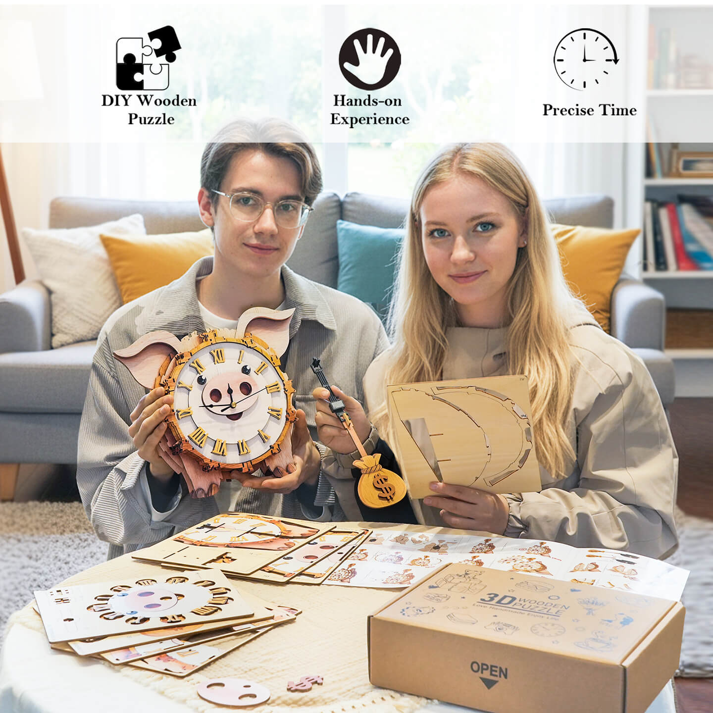 Pig DIY Wooden Clock, 3D Puzzle Craft Kit