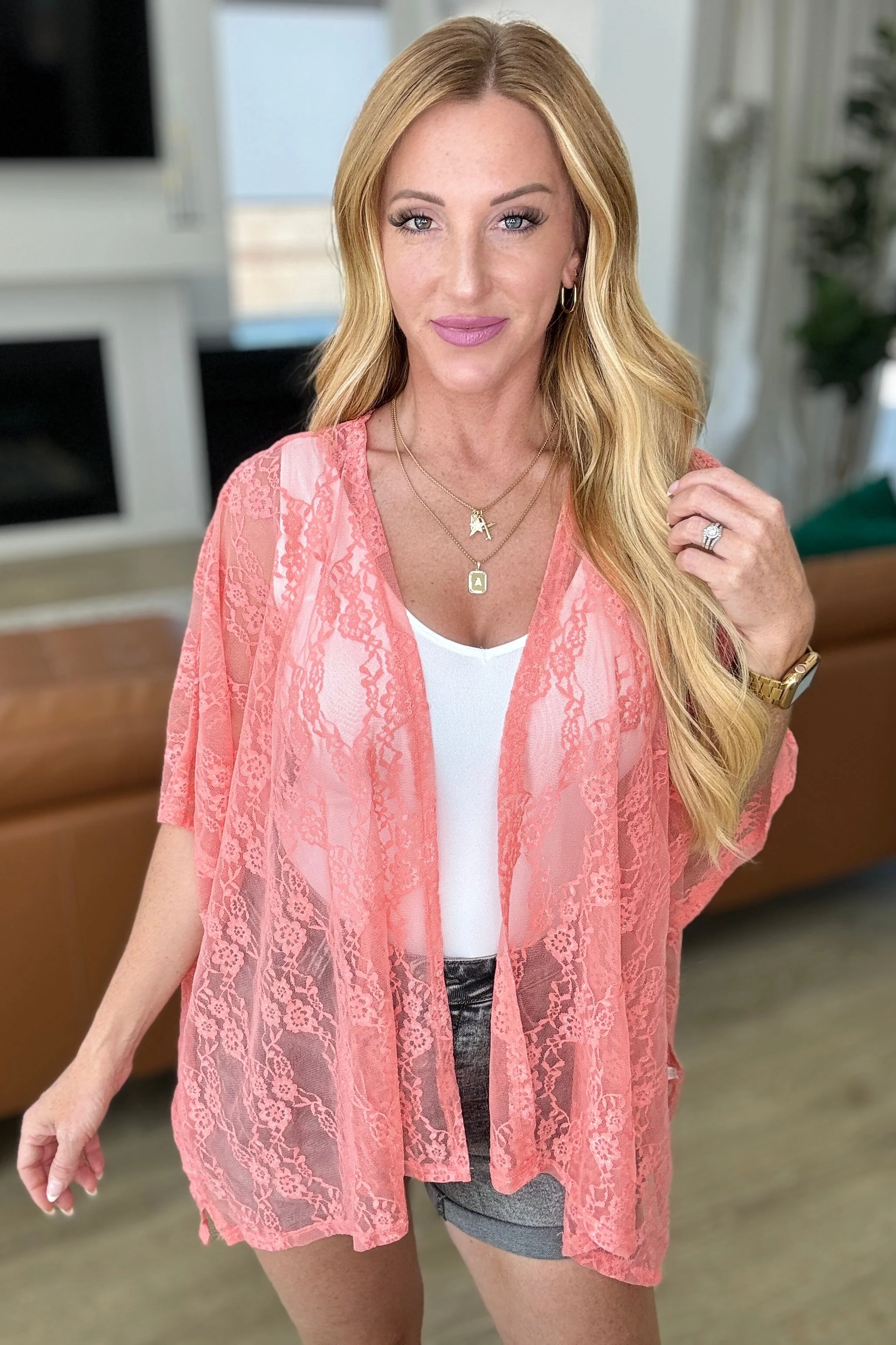 Ahead Lace Kimono In Coral