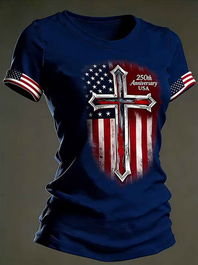 Women'S Flag Printed Casual Round Neck T-Shirt