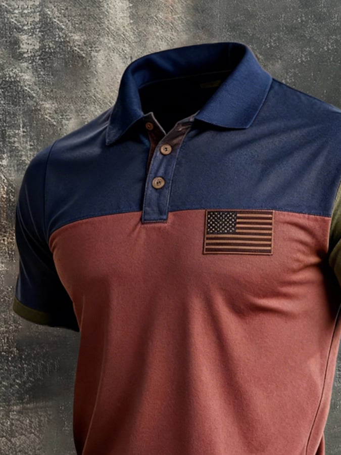 Men's Retro Patriot Color Block Polo Collar Short Sleeve