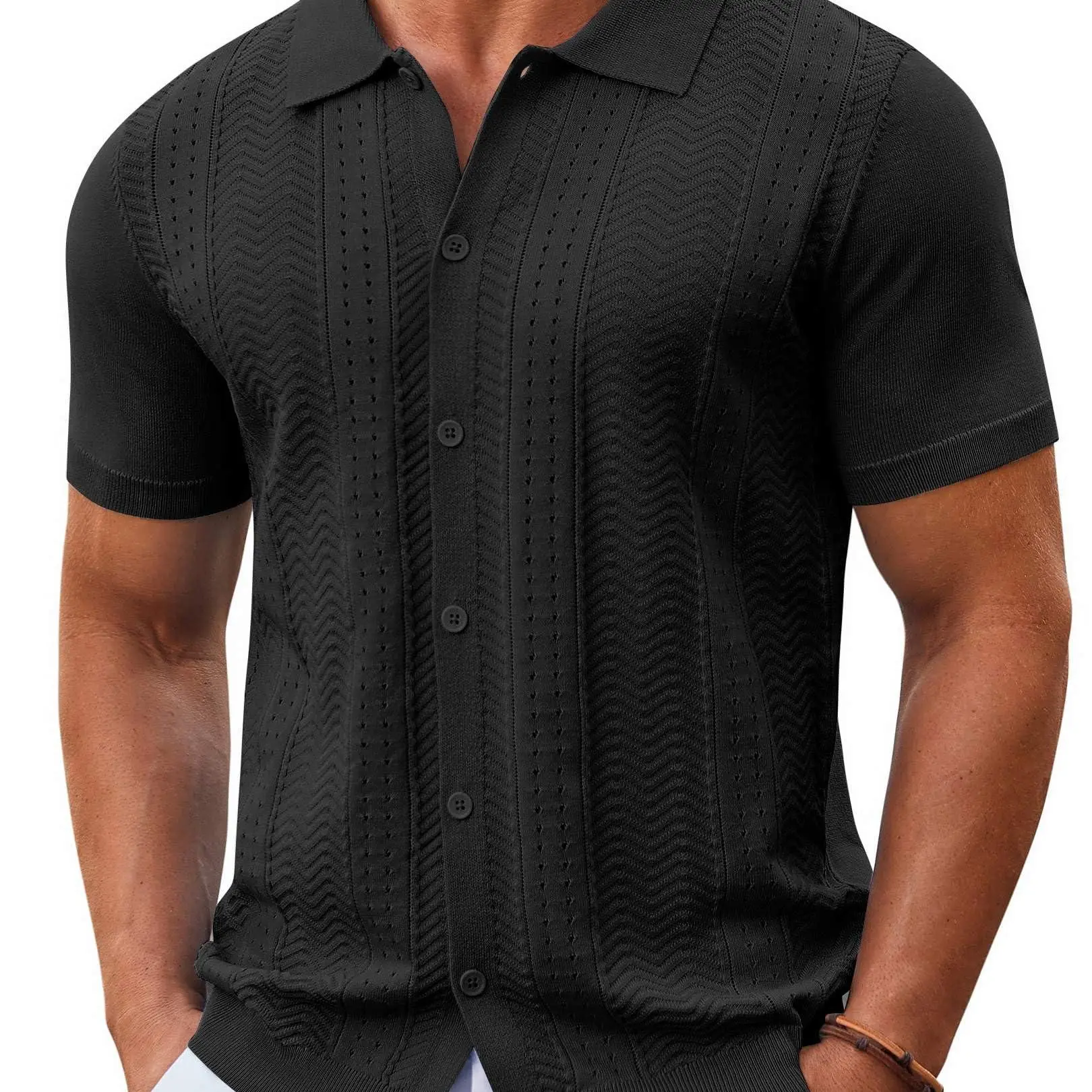 Men's Knitted Button-Down Shirt — Summer Short-Sleeve Casual Top, Vintage Beach Vacation Style Shirt