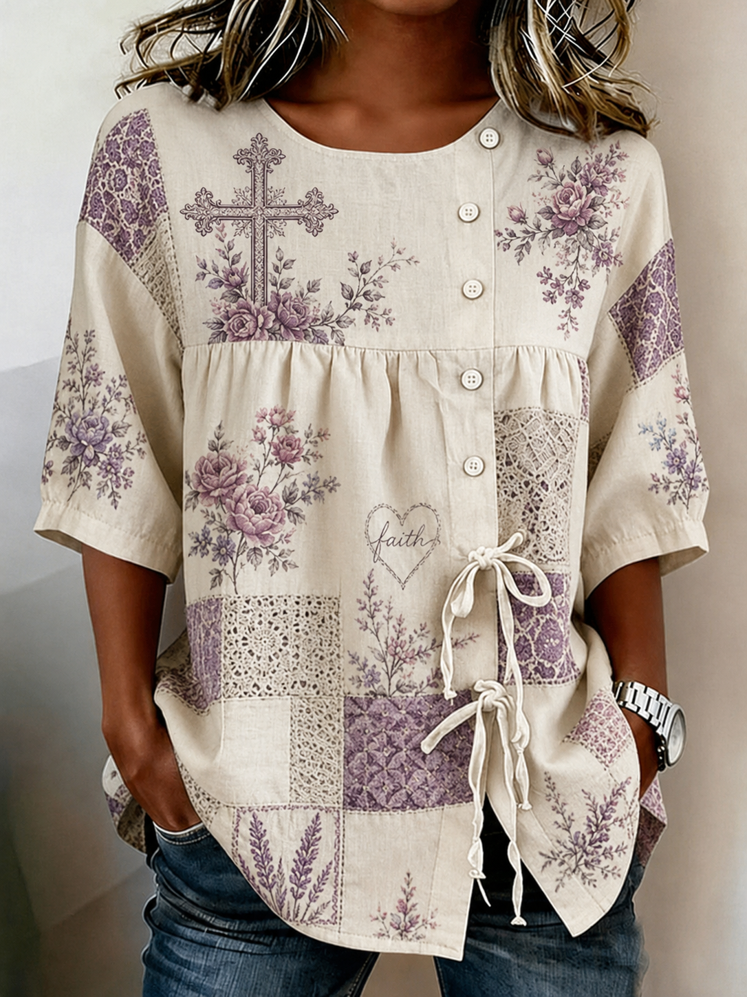 Women'S Casual Floral Patchwork Lace Printed Top
