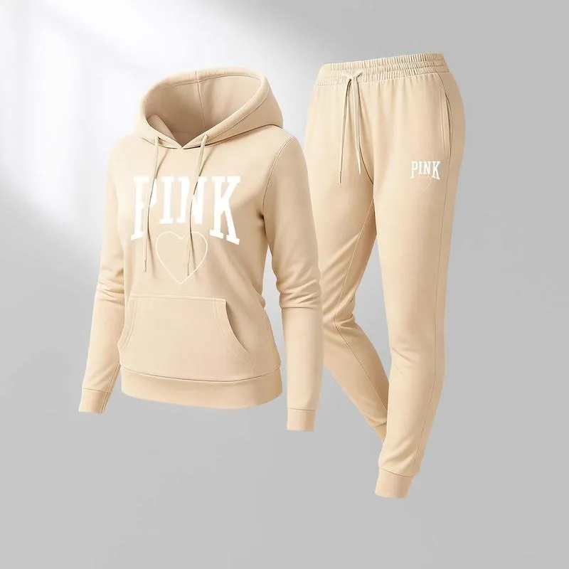 Women's Pink Heart Print Hair And Sunglasses Hoodie And Drawstring Track Pants Set