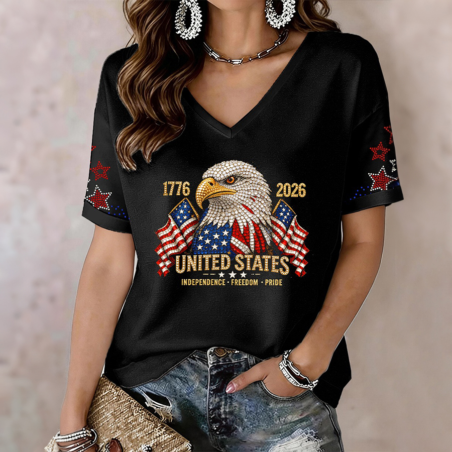 Women's USA 1776-2026 Sparkly Rhinestone V-Neck T-Shirt
